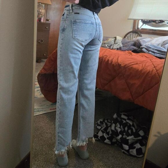 Women's Kancan High Rise Slim Straight Raw Hem Button Denim Jeans 0 NEW - Picture 3 of 8